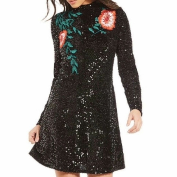 Gianni Bini Tallulah Sequin Dress Floral Embroidery Mock Neck Sz0 - Picture 1 of 8